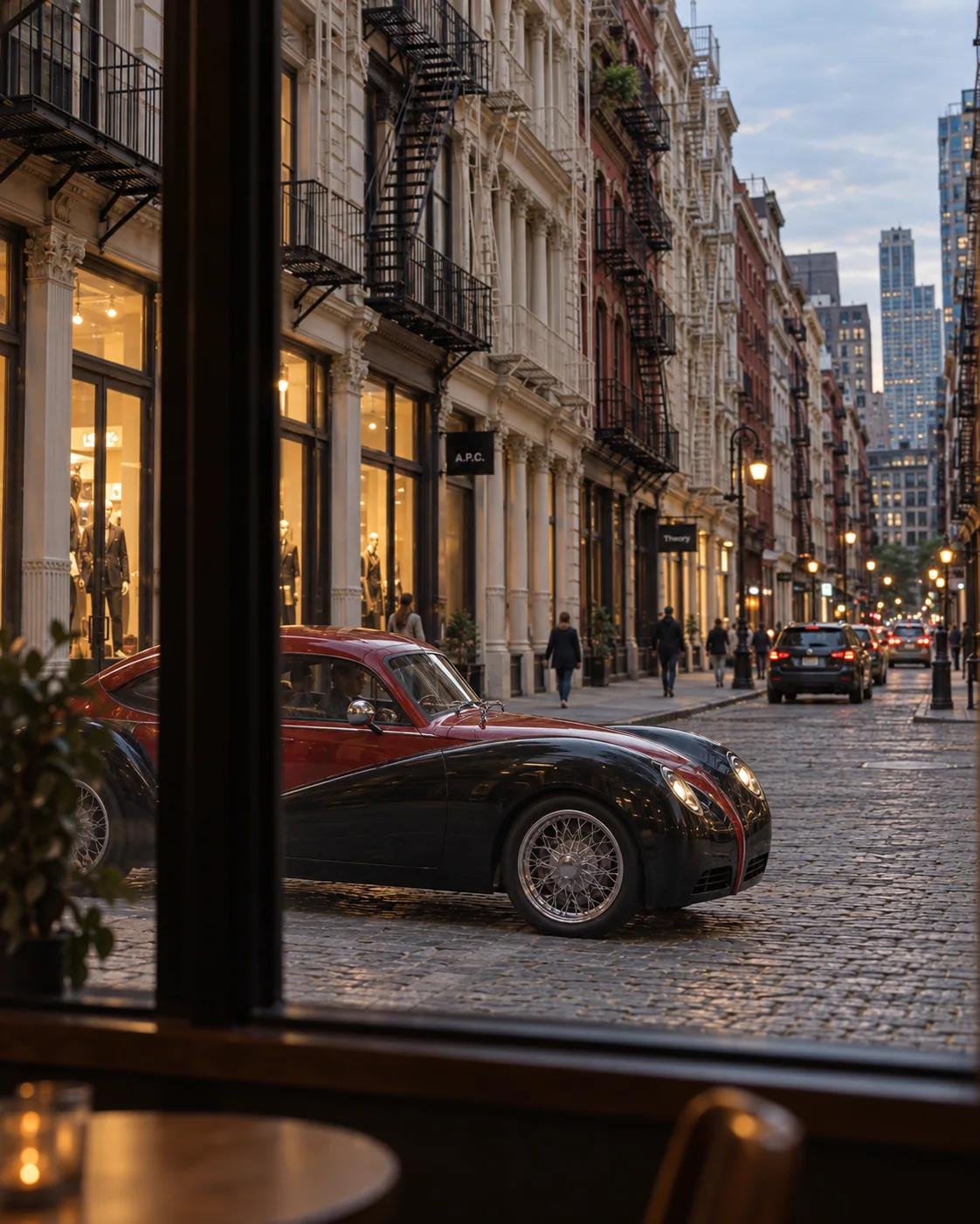 Model O1 crossing a New York street at dusk