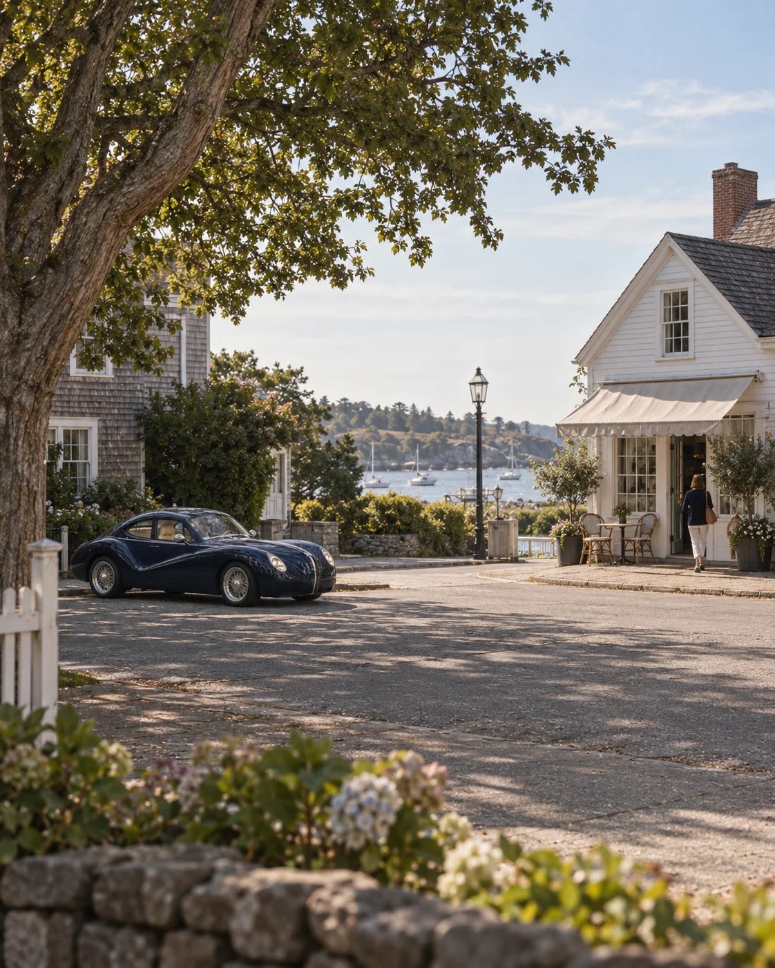 Blue Model O1 beside a coastal harbor town