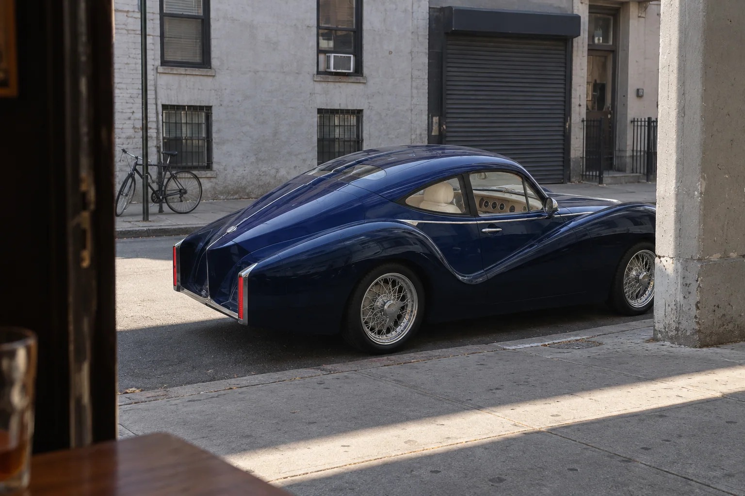 Blue Model O1 seen from a New York cafe